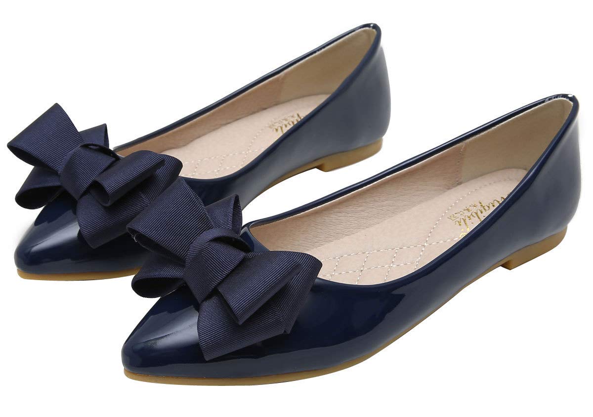 SAILING LU Womens Pointed Toe Shoes PU Ballet Flats Bow-Knot Dress Shoes Wear to Work Flat Slip-ons