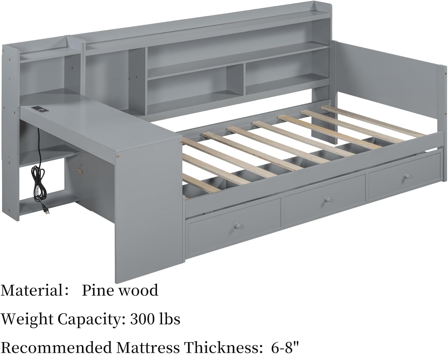 Merax Twin Size Corner Day Bed Frames with USB Outlets Desk and 3 Storage Drawers & Shelves Headboard, Pinewood Captain Daybed for Small Room, Bedroom, Guest Room, Kids' Room, Grey