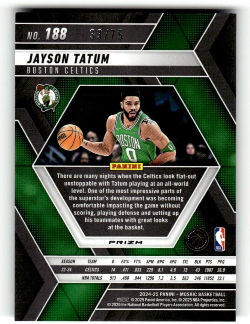 2024-25 Panini Mosaic Blue Fluorescent Prizm #188 Jayson Tatum 33/75 Boston Celtics NBA Basketball Trading Card