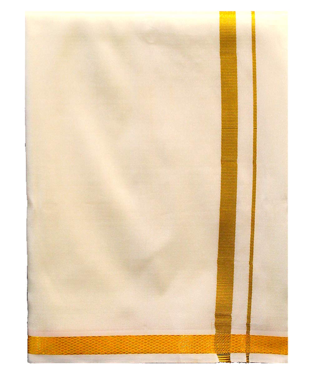 Veshti for men Dhoti Mundu Lungi Silk Blend Pattu Off-White with Gold Border-image-44
