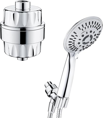 BRIGHT SHOWERS Juego de cabezal de ducha de mano con 9 ajustes de pulverización con filtro de ducha de alto rendimiento, cromado