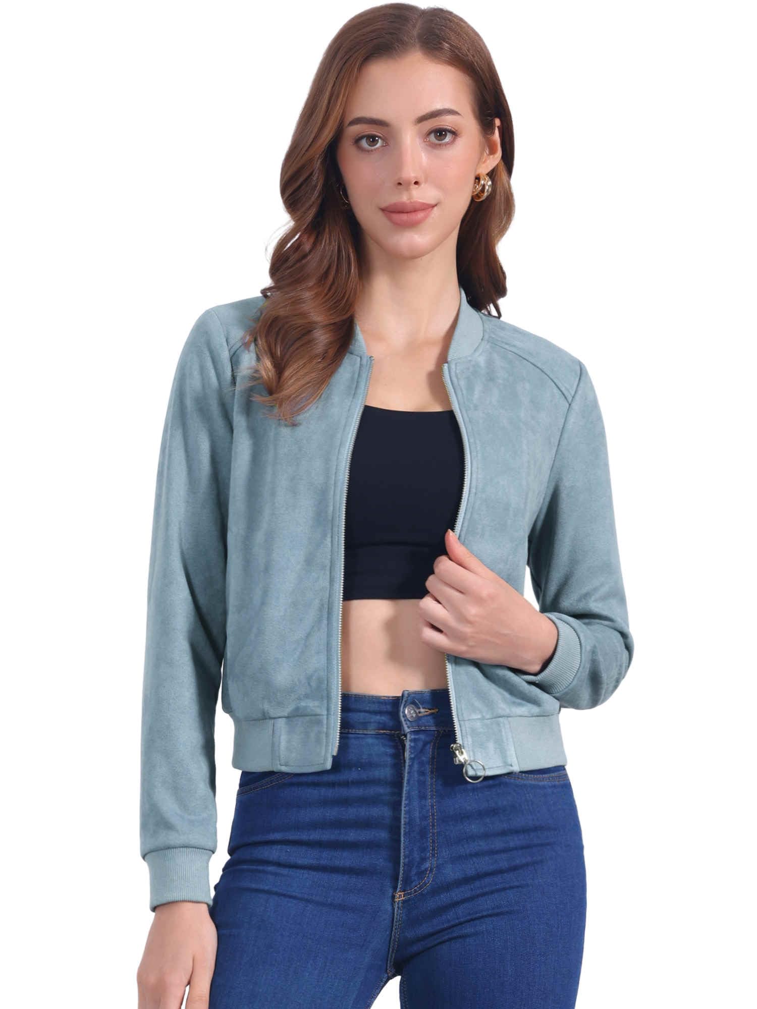 Allegra K Faux Suede Jacket for Women's Stand Collar Zip Up Bomber Jackets