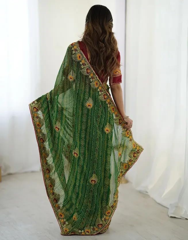 Image of Women's Georgette Bandhani Printed Embroidery Saree with Unstitched Blouse Piece