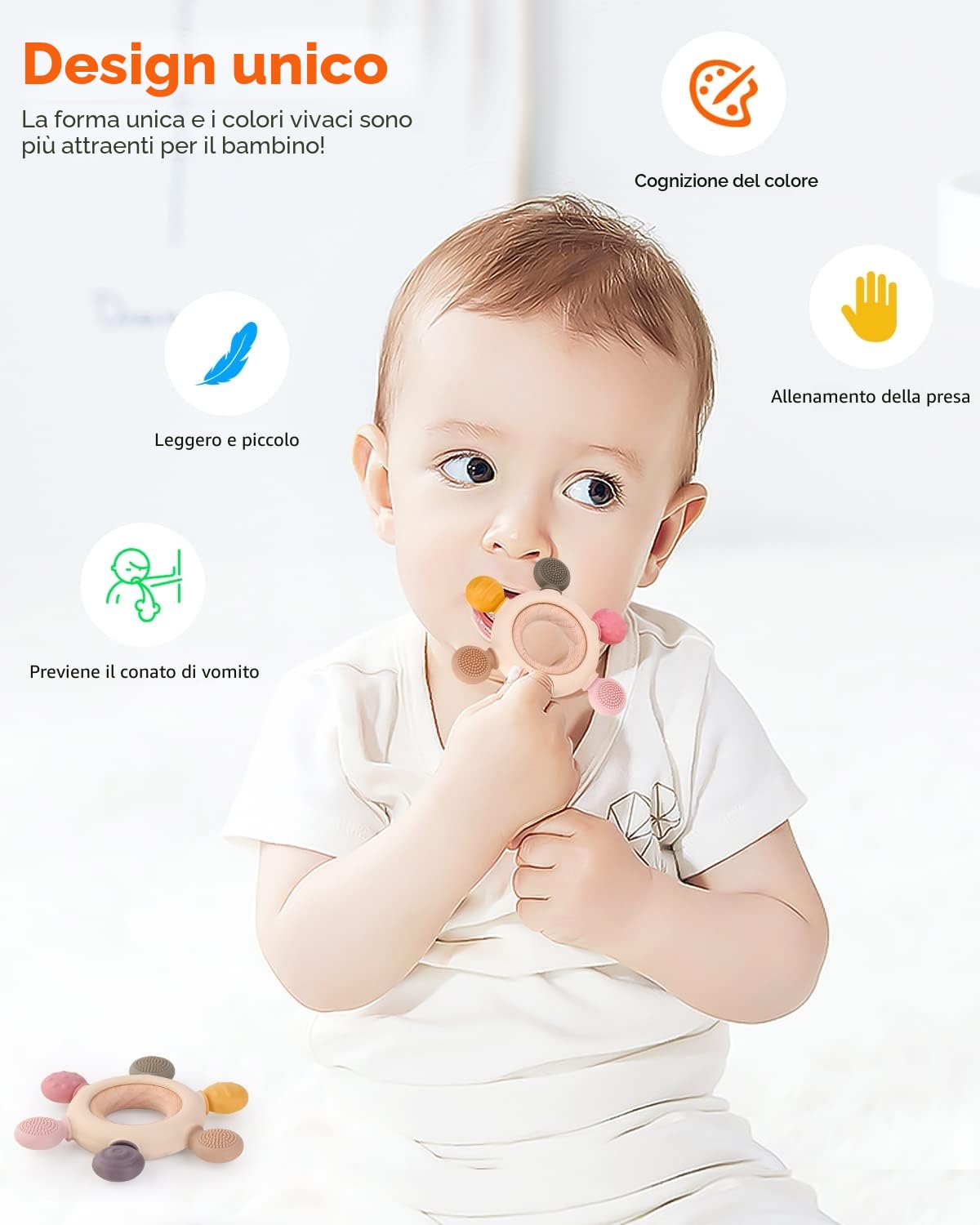 akolik Neonato Dentizione Giocattoli Regalo, Anello in Silicone per Massaggio Gengive da 3 6 9 12 Mesi, Giochi Sensoriali in Grado Alimentare per 1 Anno, Giocattoli da Bagno per Bambini