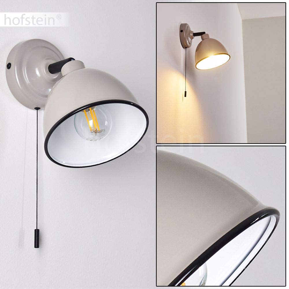 Lampada da parete Catharine, lampada da orientabile in metallo in grigio/bianco/nero, 1 luce, E14, spot da parete in design retrò, con cavo a strappo per accensione/spegnimento, senza lampadina/e