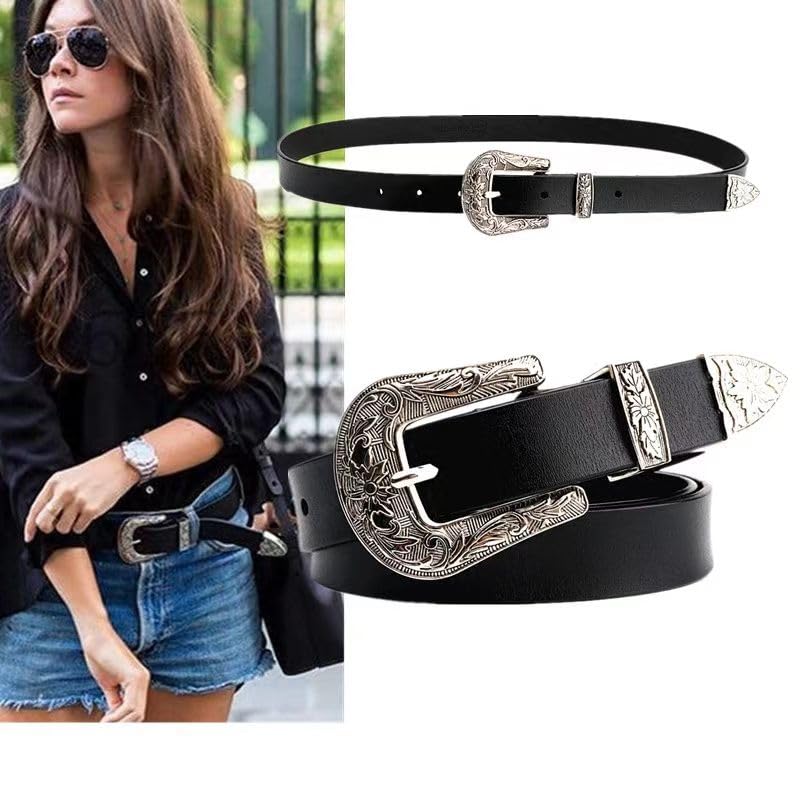 Women's Vintage Western Tooled Design | Adjustable Black Waist Belt for Jeans, Pants, Dresses with Solid Pin Buckle4