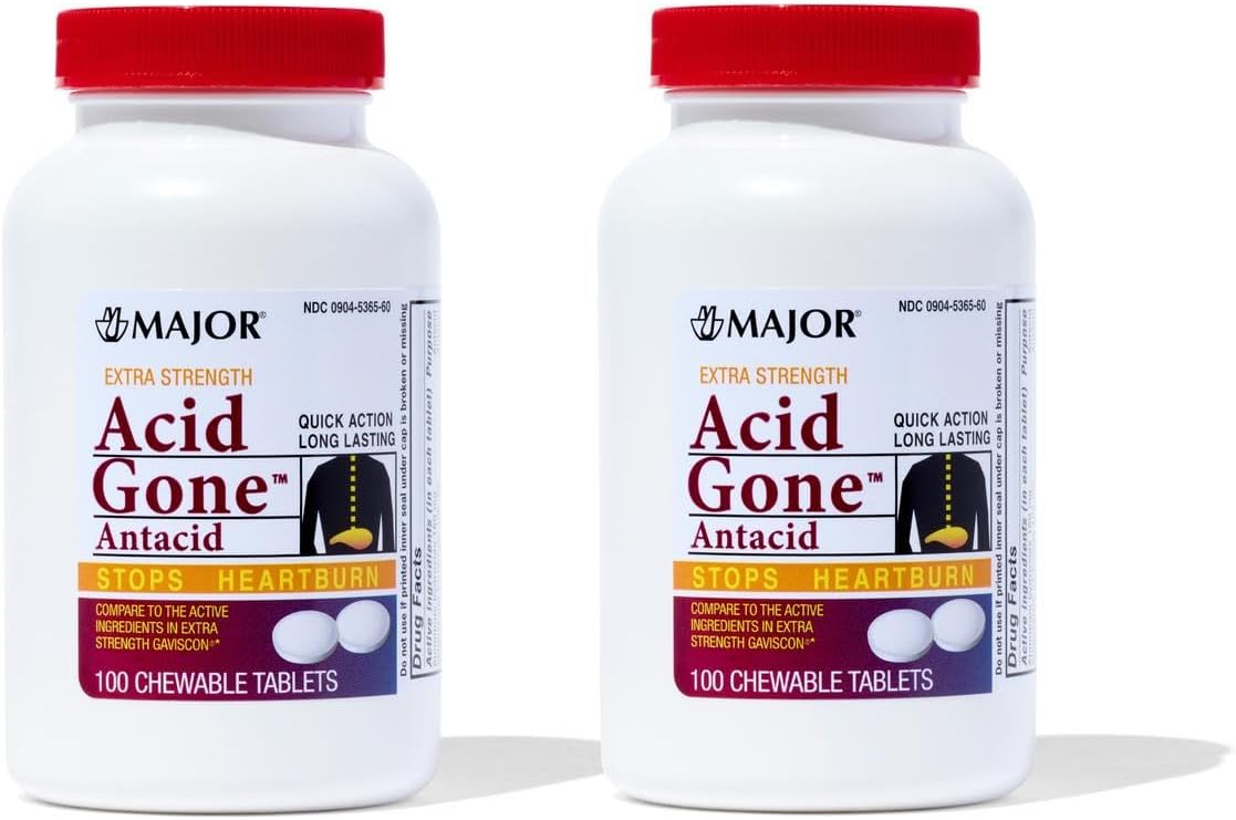 Acid Gone Extra Strength Antacid Chewable Tablets - Anti-Acid Relief - Acid Reflux Medicine for Adults - Upset Stomach, Acid Indigestion, and Heartburn Relief - Long-Lasting - 100-Count (2 Pack)