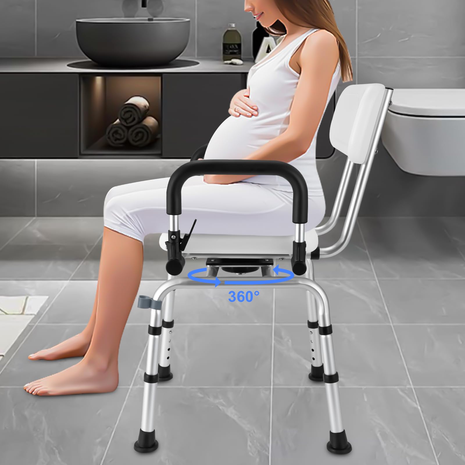Silla de ducha giratoria de 360 grados, especialmente para personas mayores, altura regulable con respaldo y reposabrazos plegables, capacidad de carga de hasta 180 kg, antideslizante, ideal para
