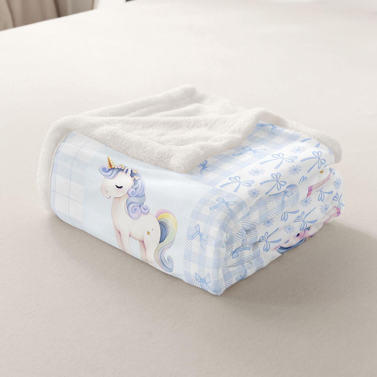 Feelyou Girls Bow Fleece Throw Blanket Blue Unicorn Sherpa Blanket for Kids Women Men Plush Fuzzy Dreamy Princess Twin 60"x80" Coquette Aesthetic for Bed Couch Chair Living Room Bedroom Decor image 3