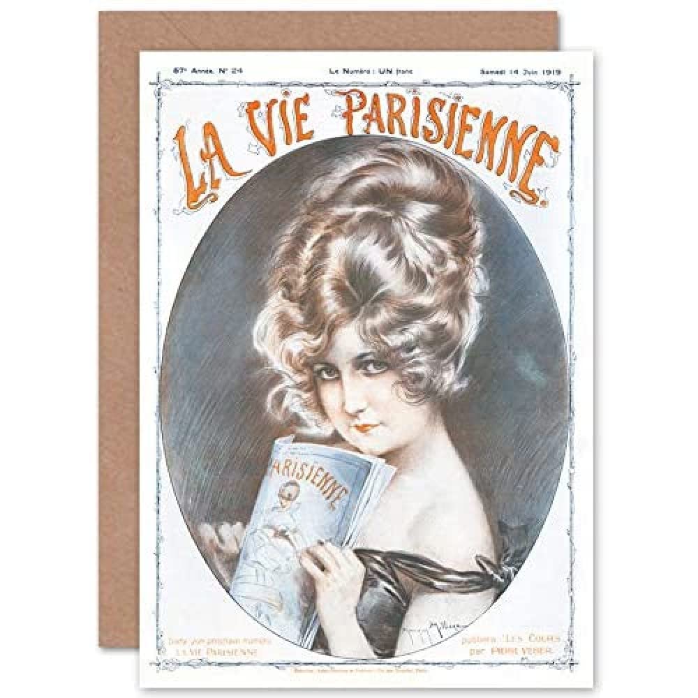 Artery8 La Vie Parisienne Woman Reading Magazine Cover Sealed Greeting Card Plus Envelope Blank inside