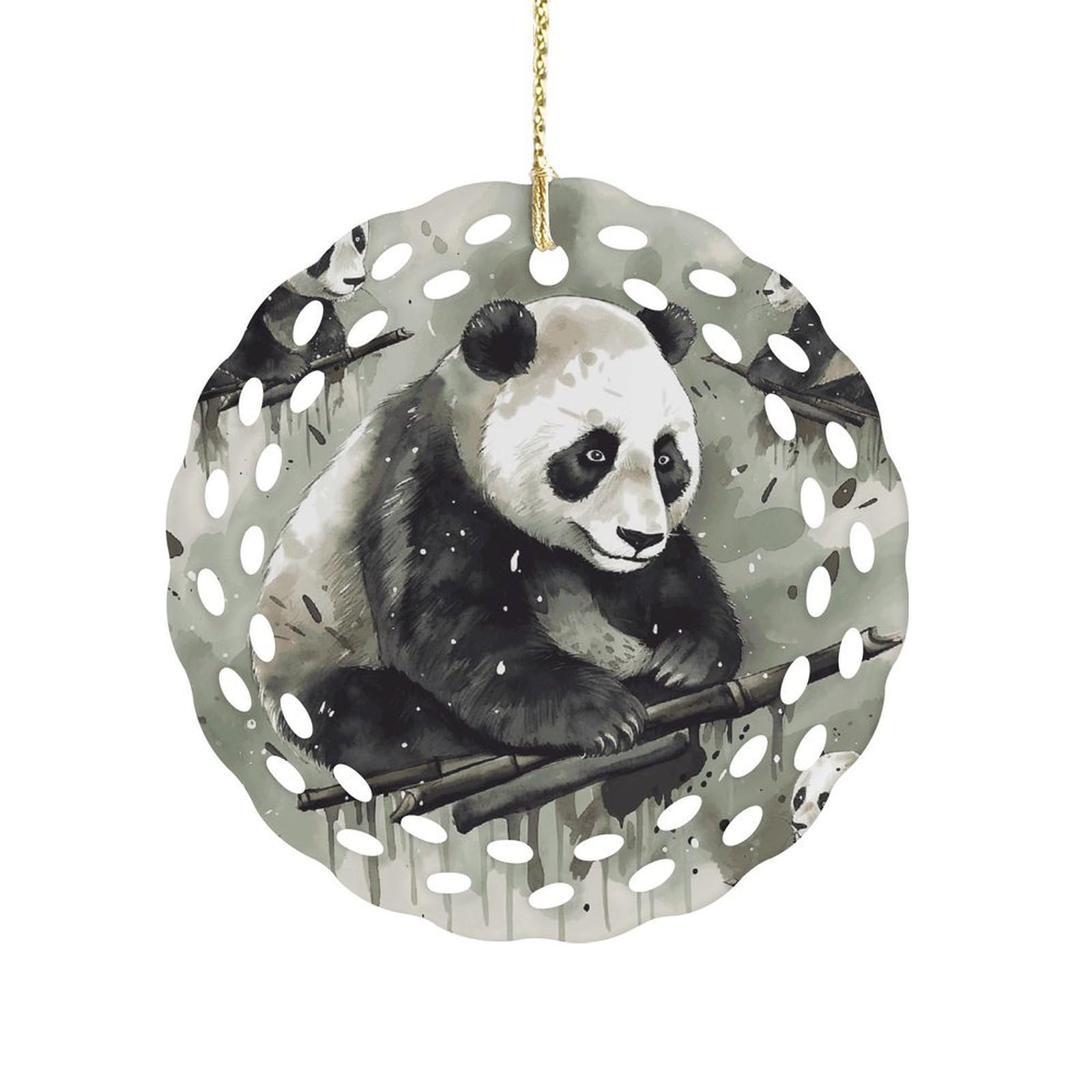 Btcowzrv Style Ink Painting Panda Ceramic Ornament,Round Ornaments With Hole Easy To Hang,Hanging Ornament For Wedding Party Home Window Garden Christmas Day Decor
