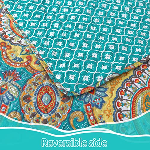 Bedifany King Quilt Set - Boho Quilts King Size Bedspreads, Lightweight Quilts King Size Bohemian Floral Bedding Set For All Seasons, 3 Pieces (Blue/Teal) #TOP3