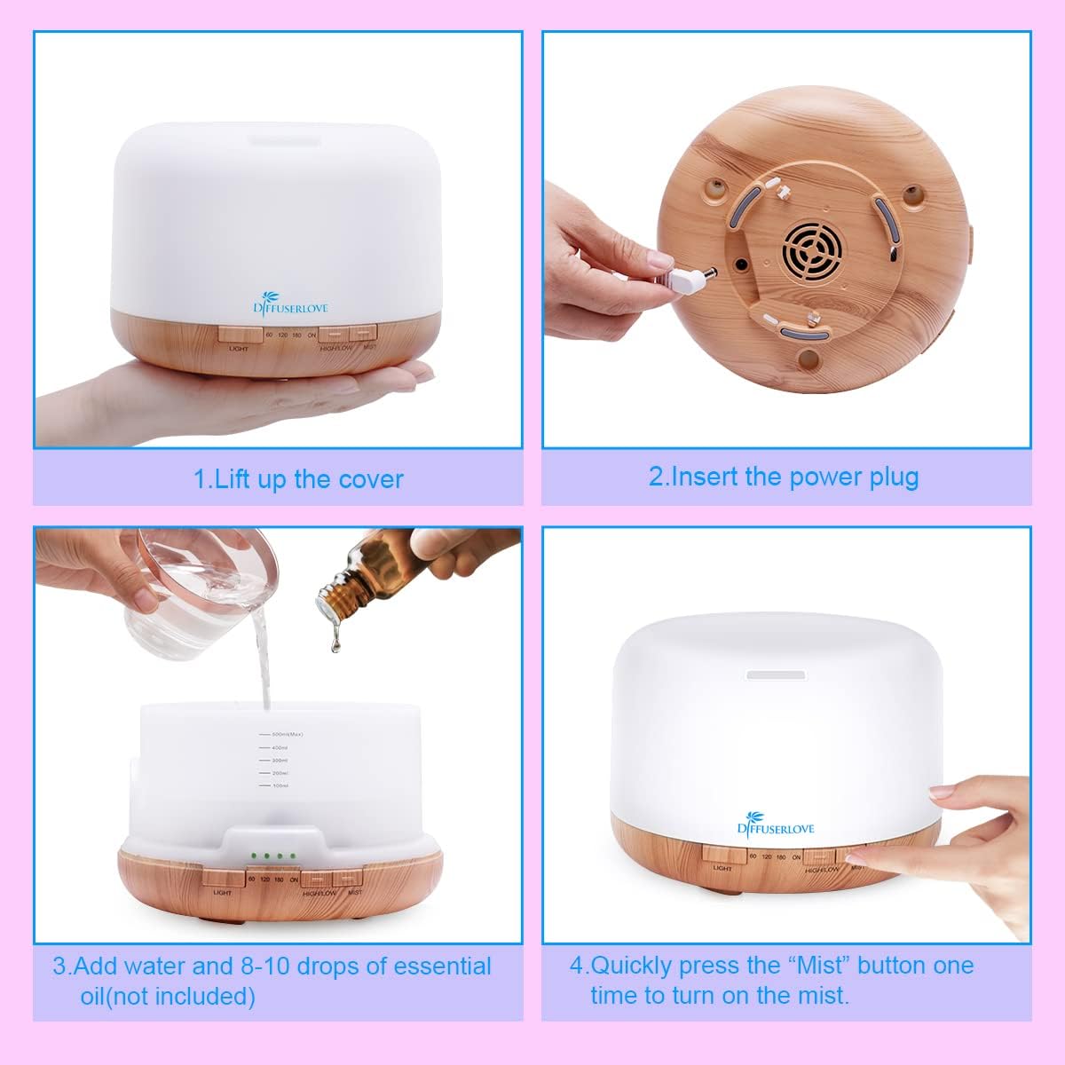 Diffuserlove Diffuser Essential Oil Diffusers 500ML Remote Control Aroma Diffuser Cool Mist Aromatherapy Diffuser with Mute Design, Timer and Auto Shut-Off for Office Living Room Yellow - Image 7