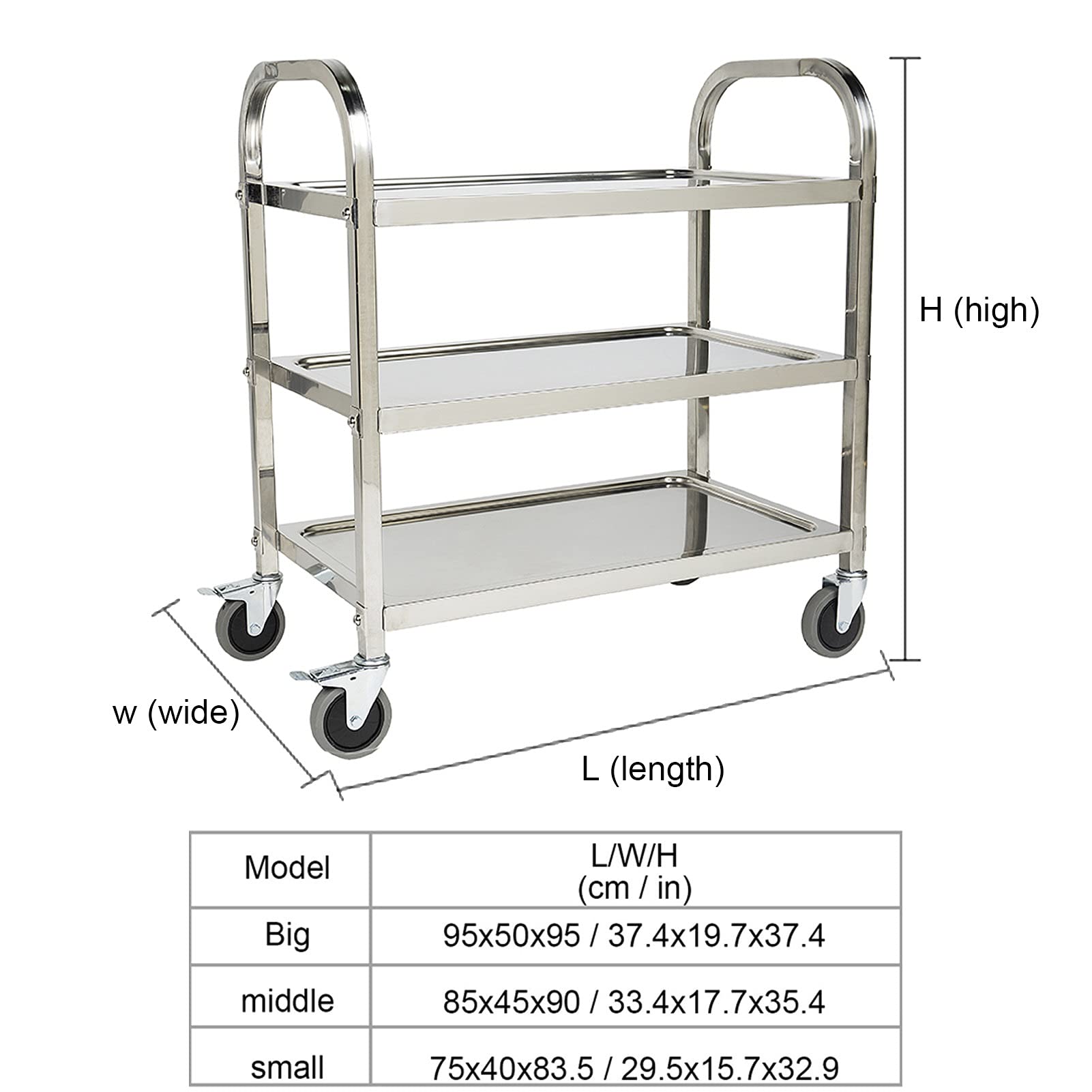 Carro De Servicio De Acero Inoxidable - 3 Estantes, 85x45x90 Cm, 4 Ruedas Con Freno, Capacidad 25 Kg Por Estante
