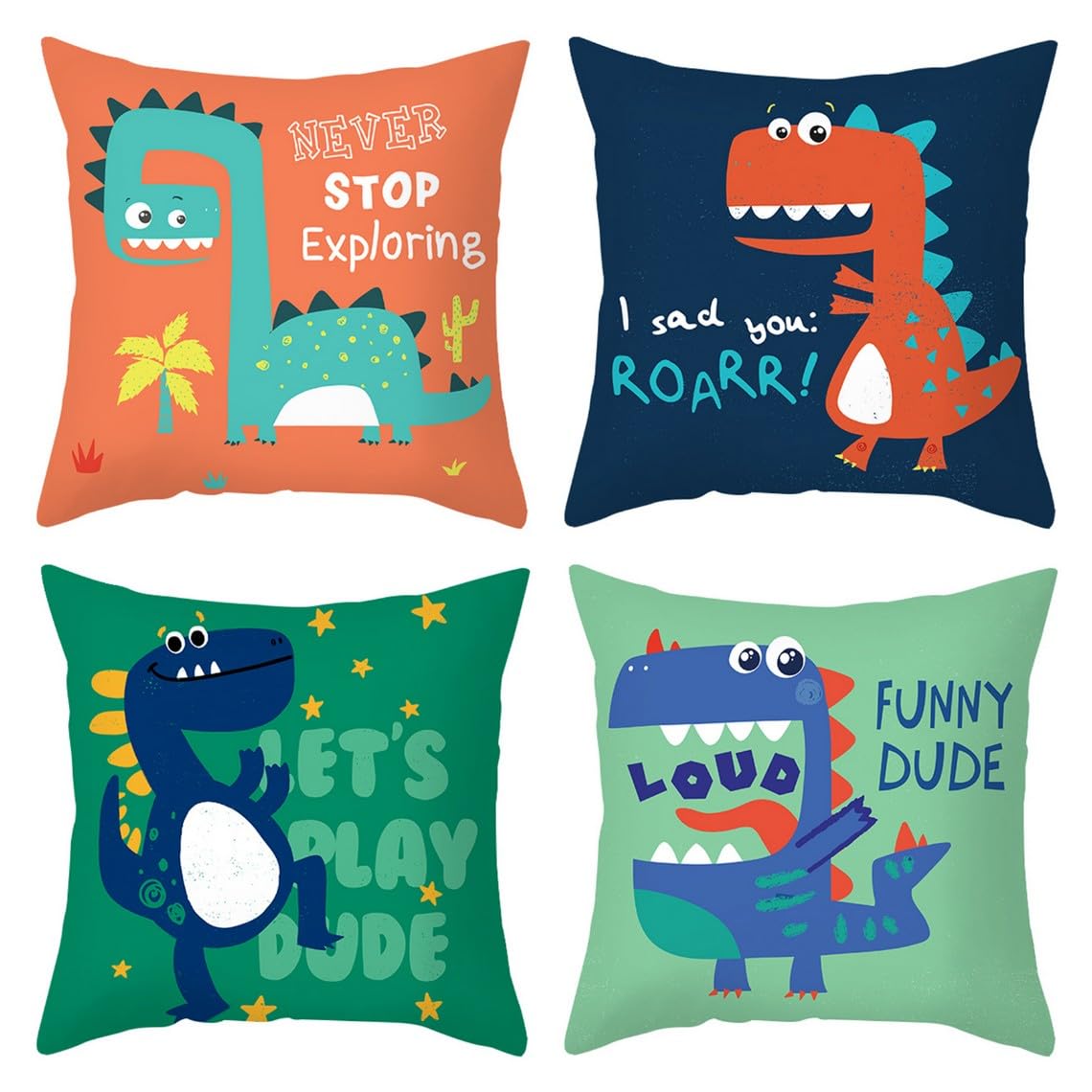 Chenlane Silk Outdoor Throw Pillow Covers Cushion India Cartoon Cute Dinosaur, Living Room Luxury Home Decor 45x45 cm, 4Pcs