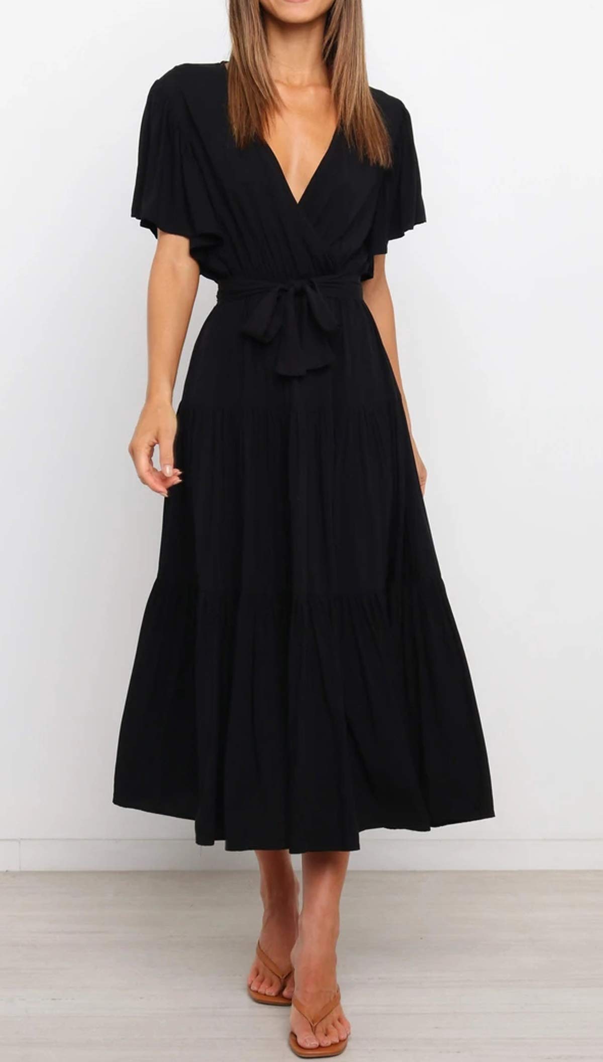 R.Vivimos Summer Dress for Women Cotton Ruffle Short Sleeves V Neck Casual Flowy Midi Dress with Belt