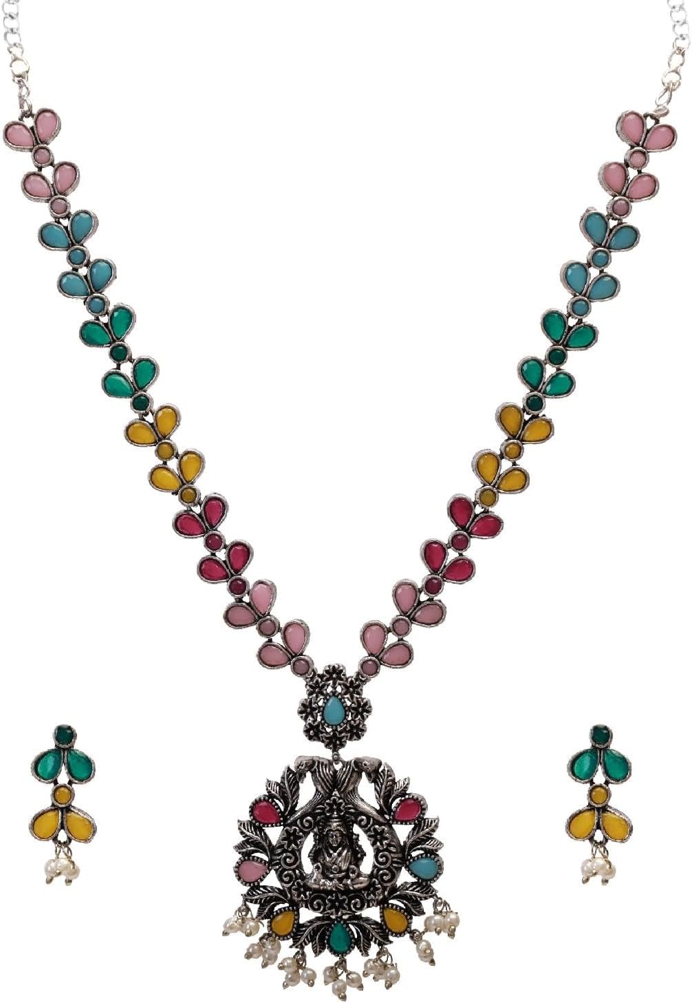 Efulgenz Indian Oxidized Jewelry Antique Boho Religious Pendant Oxidized Indian Jewelry Crystal Necklace Sets Faux Pearl Drop Dangle Earrings Bohemian Statement Jewelry Set for Women