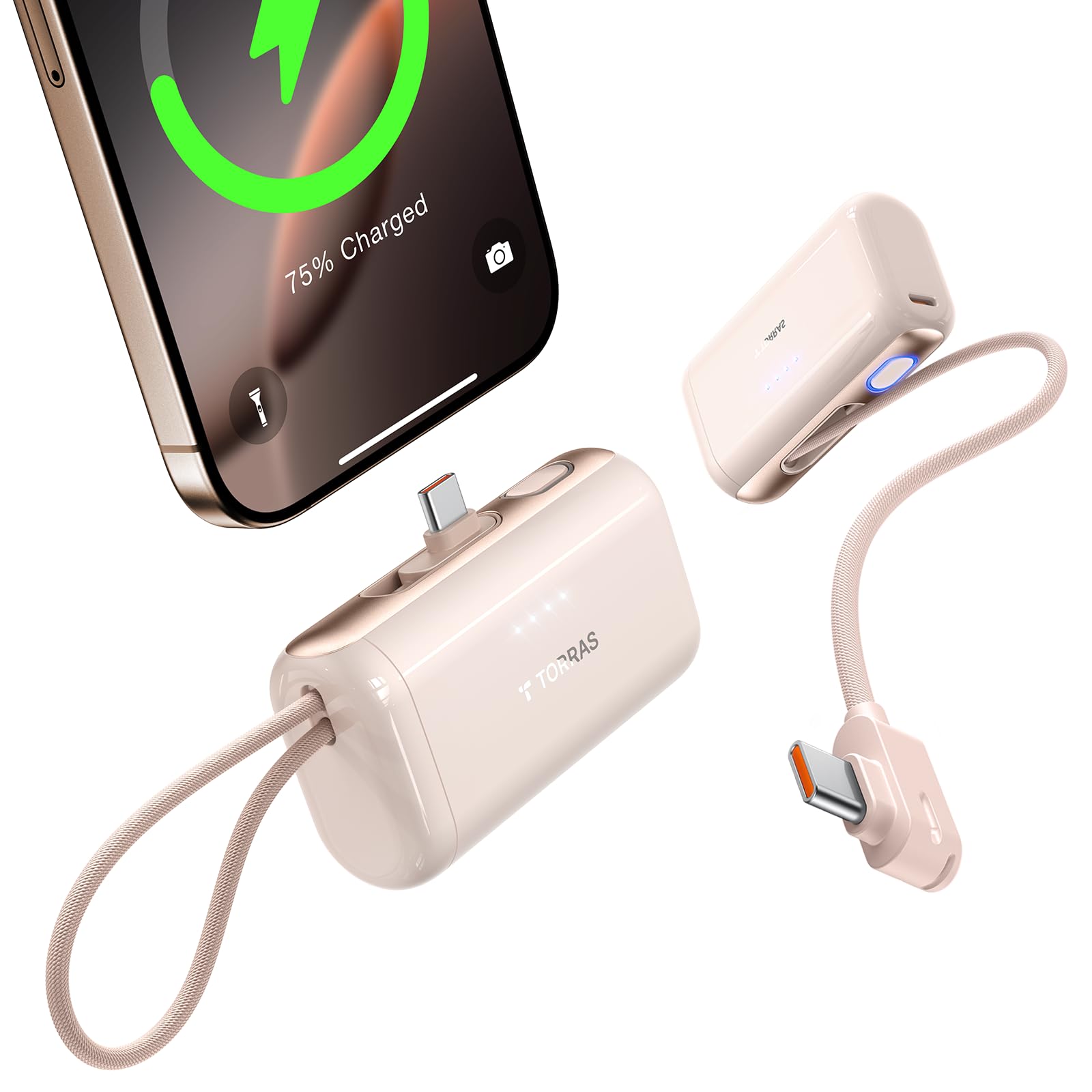 TORRAS Mini Powerbank 5000mAh, 22.5W PD3.0 Schnellladen Power Bank Klein mit integriertem USB-C Kabel, Kompatibel für iPhone 17/16/15 Serie, Samsung s26/s25, Google, iPad Pro/Air, AirPods-Wüste Titan
