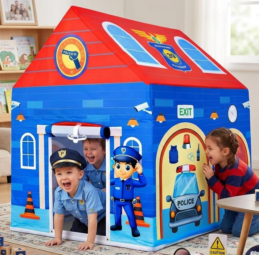 Kids Police Station Theme Play Tent House – Foldable Indoor & Outdoor Pretend Playhouse for Boys & Girls, Role Play Police Adventure Tent with Spacious Interior-image-7