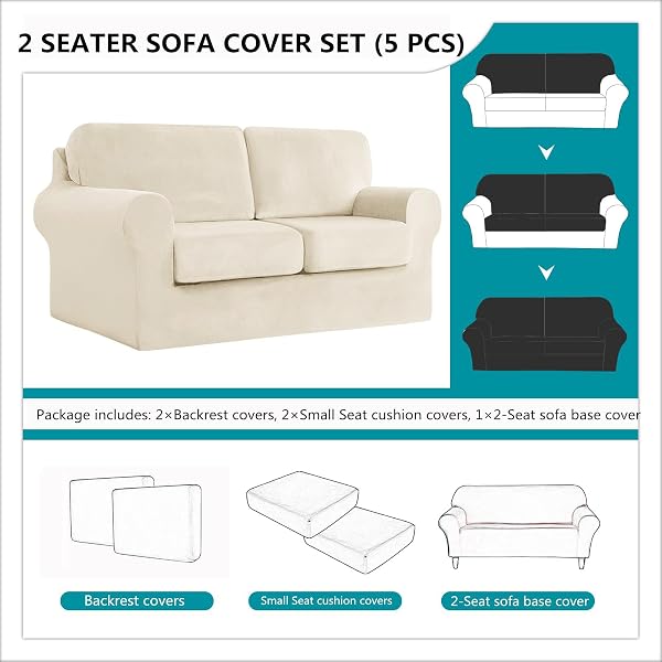 SYLC Sofa Cover with Separate Seat Cushions and Backrests Stretch Velvet Sofa Slipcover Couch Covers Furniture Protector Split Combined (Beige,2 Seat Set 5 PCS) - 3