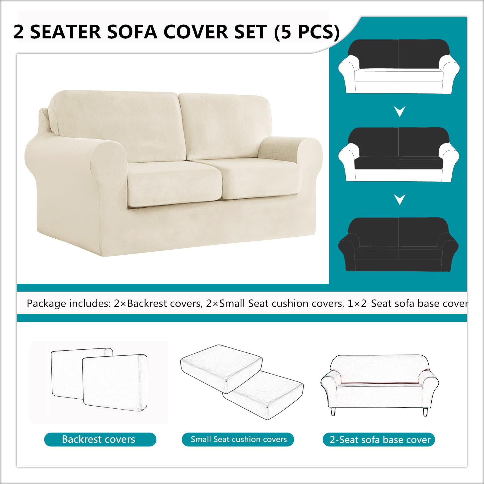 SYLC Sofa Cover with Separate Seat Cushions and Backrests Stretch Velvet Sofa Slipcover Couch Covers Furniture Protector Split Combined (Beige,2 Seat Set 5 PCS) — view 3