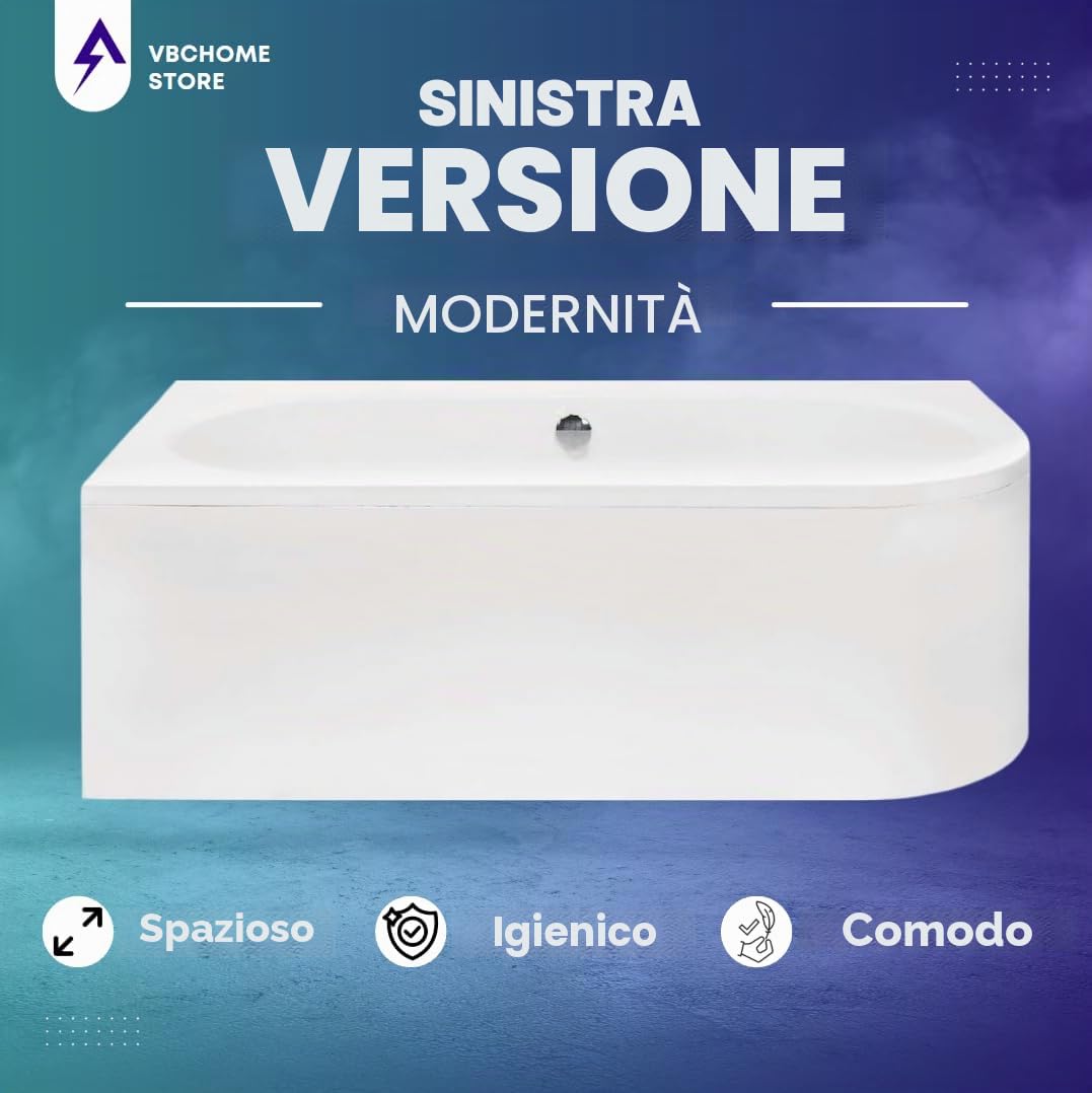 VBChome Vasca da bagno 170 x 75 cm, in acrilico, set sifone, vasca ad angolo, colore bianco, design moderno, scarico per 2 persone a sinistra (vasca 170 x 75 sinistra + grembiule +