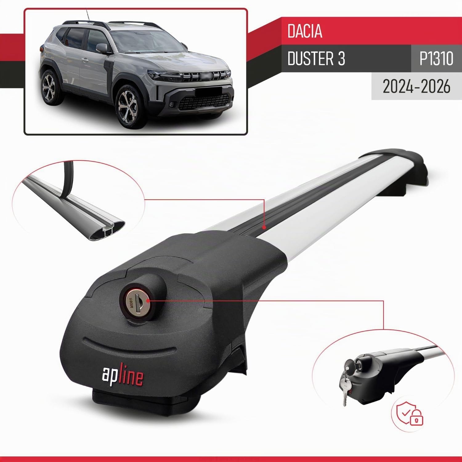 Compatible avec Dacia Duster 3 (P1310) 2024-2026 ACE-1 Barres de Toit Railing Porte-Bagages de Voiture Gris Aluminium 2 Barres