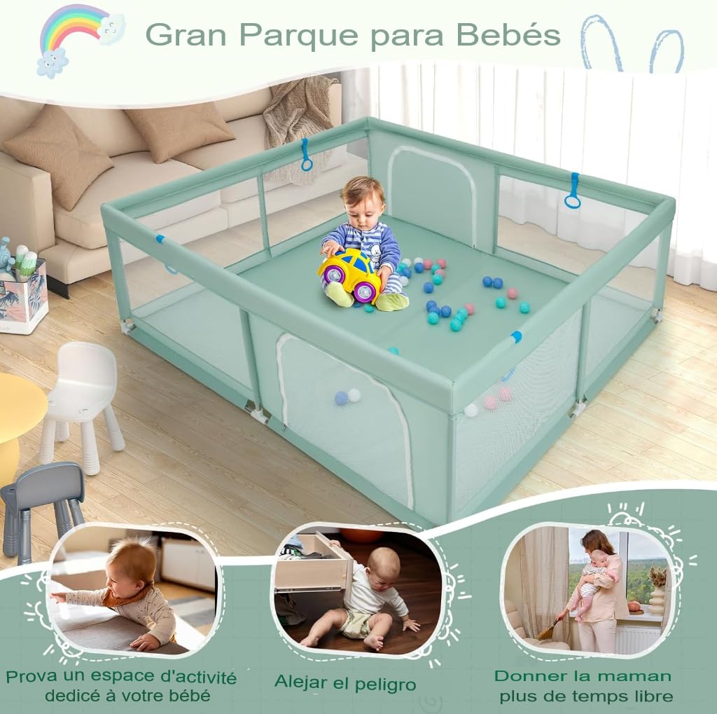 GOPLUS Parque para Bebés, Parque de juegos para Niños con Malla Transpirable, 4 Anillas, Bolas Oceánicas, Barrera para Bebé con Puerta, Centro de Actividades Interior para Niños, 180 x 200 cm (Verde)