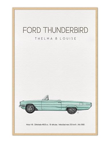 DRIMDECO | Cuadro Decorativo Coche| Motivo Ford Thunderbird | Tamaño 32 x 22 cm | Impreso sobre tela con marco color roble sin cristal