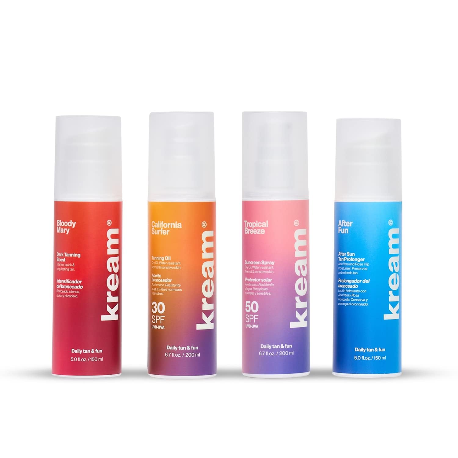 KREAM Summer Pack, Intensificador del Bronceado 150 ml + Aceite bronceador SPF30 200 ml + Protector Solar SPF50 200 ml + After Sun 150 ml