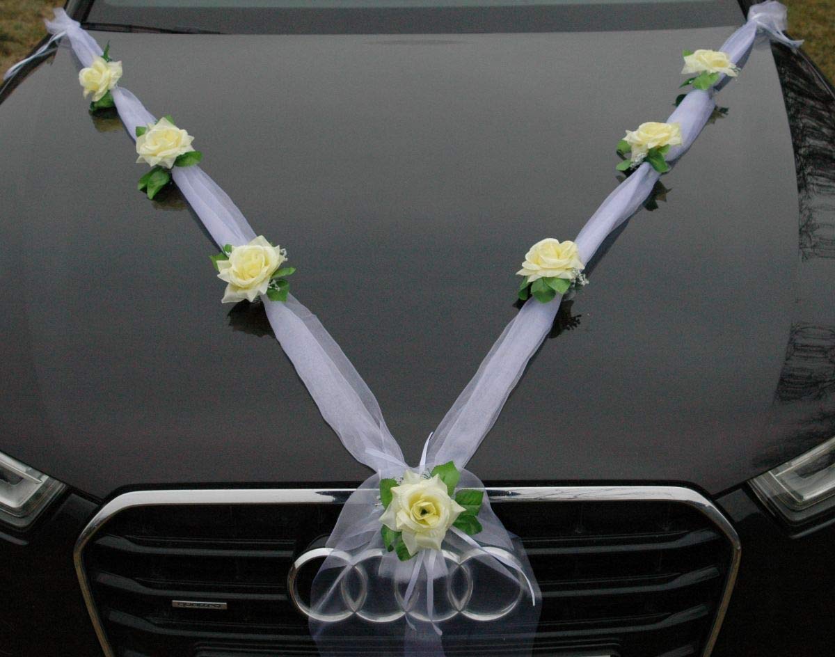 Organza M Auto Schmuck Braut Paar Rose Deko Dekoration Autoschmuck Hochzeit Car Auto Wedding Deko Girlande PKW (Ecru2/Weiß) - Image 4