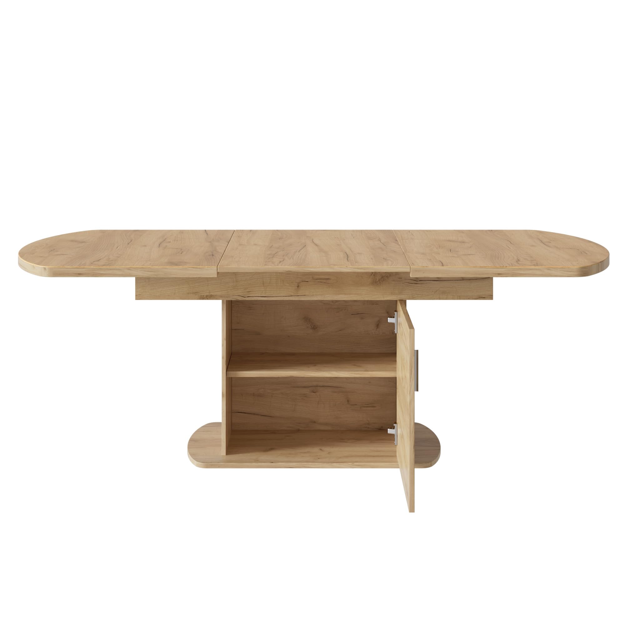 Moimhear Mesa de comedor ovalada extensible, 140/200 x 80 x 75 cm, con espacio de almacenamiento, mesa de café, mesa de comedor que ahorra espacio, con mango plateado (color roble)