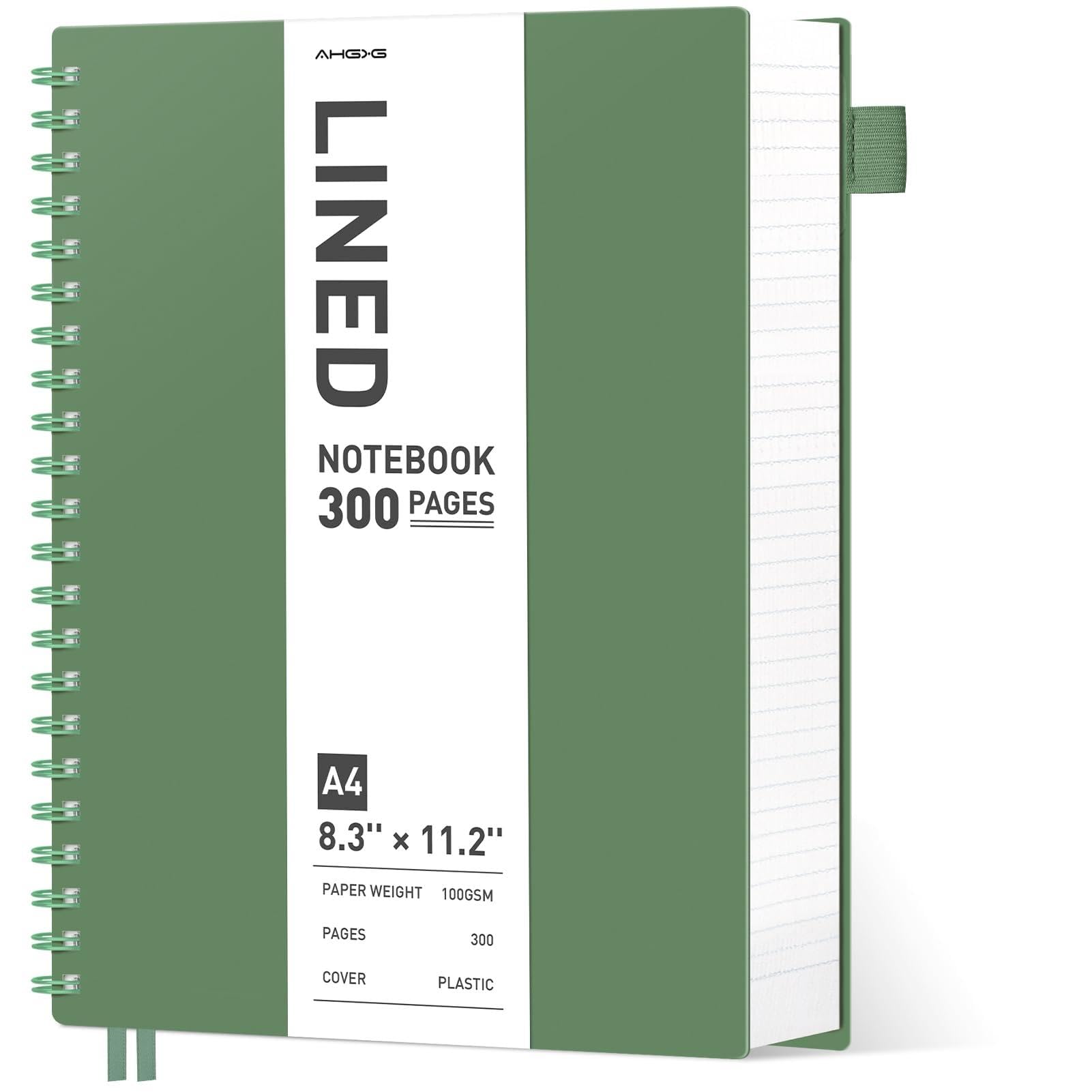 AHGXG Quaderno a spirale a righe, formato A4, 21,6 x 27,9 cm, 300 pagine perforate facili da strappare, carta spessa 100 g/m², copertina rigida in plastica, per scrivere, lavoro, scuola, verde