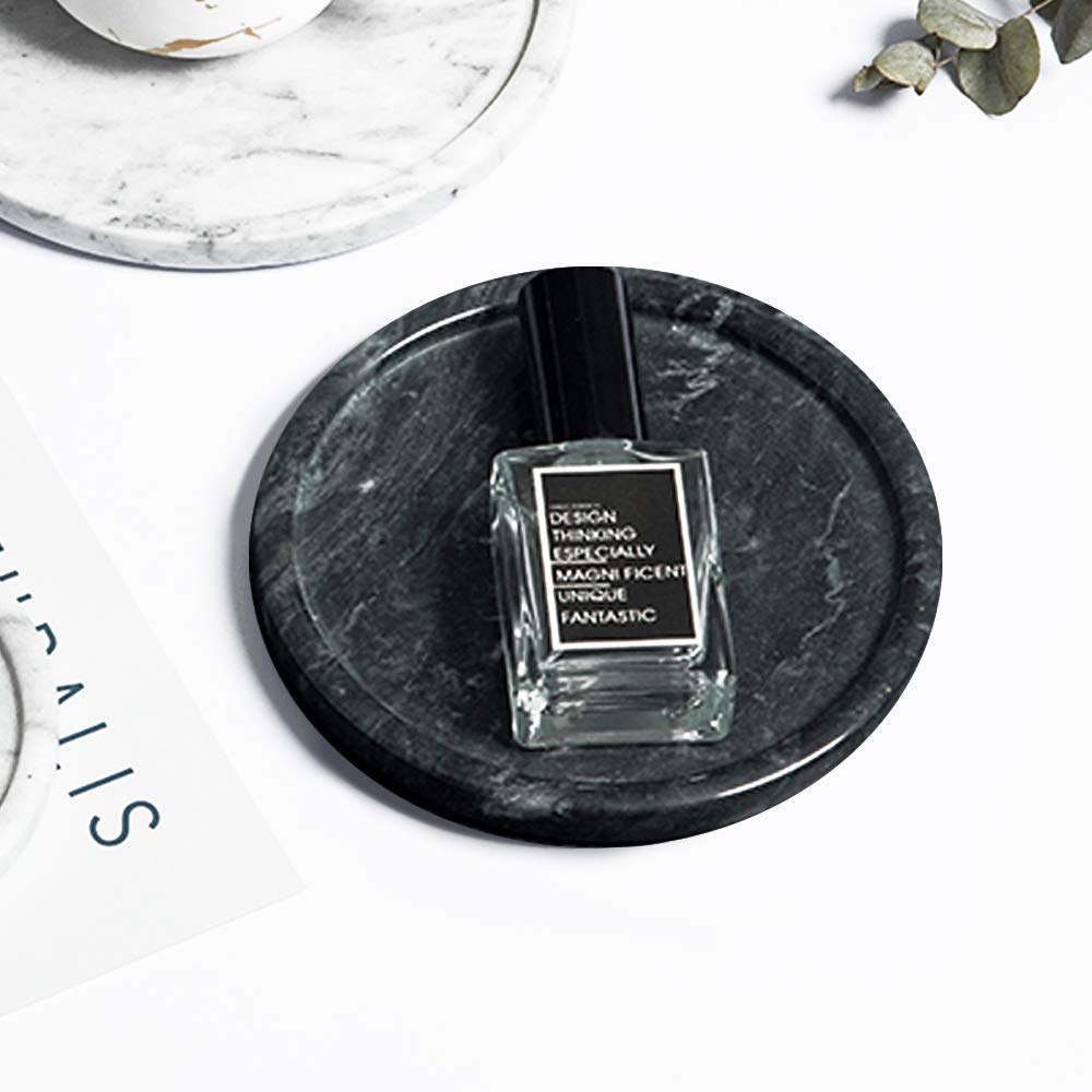 Circular Marble Stone Decorative Tray for Counter, Vanity, Dresser, Nightstand or Desk, Diameter 5-1/2 Inches, Black