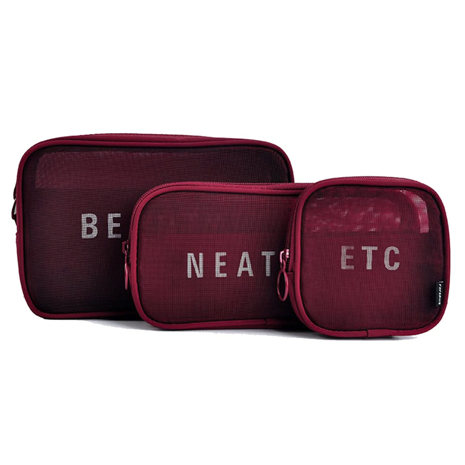 House of Quirk Nylon Travel Mesh Makeup Bags Set 3 Pieces See Through Zipper Pouch Travel Cosmetic And Toiletry Kit Organizer Bag 3 Pack Of S M L (Wine)-picture-26