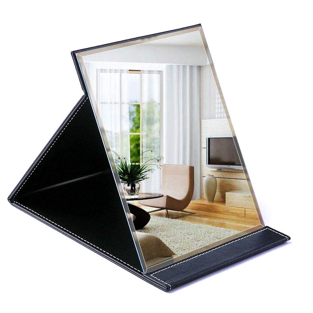 Folding Makeup Mirror (10X7 Inch),Portable Office Desktop Travel Mirror,PU Leather Mirror with Adjustable Stand