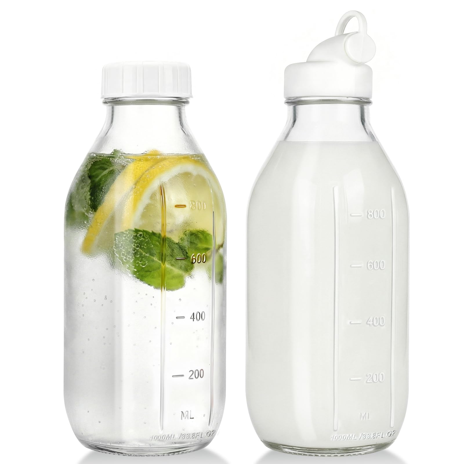 CUCUMI 2 Pack 32 Oz Glass Milk Bottle with Reusable Lid