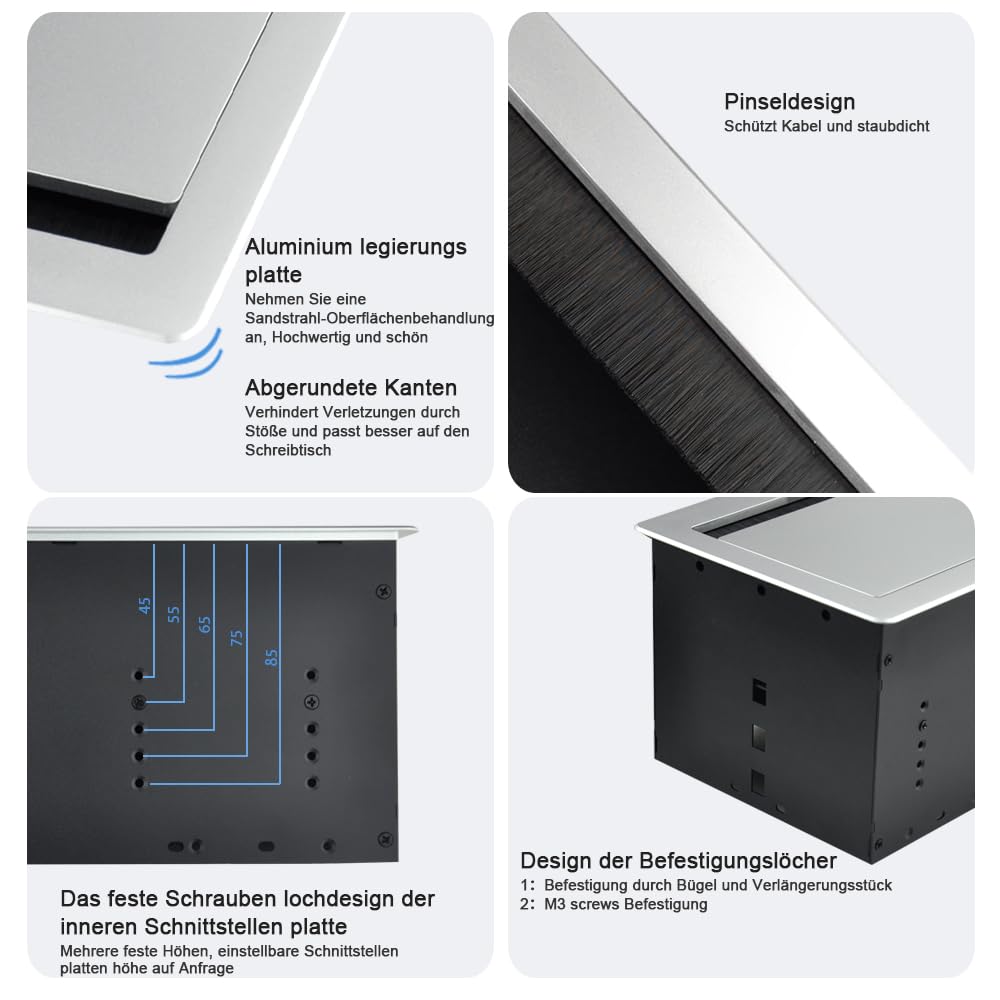 Einbausteckdose versenkbar Konferenzraum Tisch Multimedia Steckdose Silber-2xSchuko-2xCAT6-2xHDMI-1xUSB3.0-Stereo-1xUSB-C Daten (Silver)