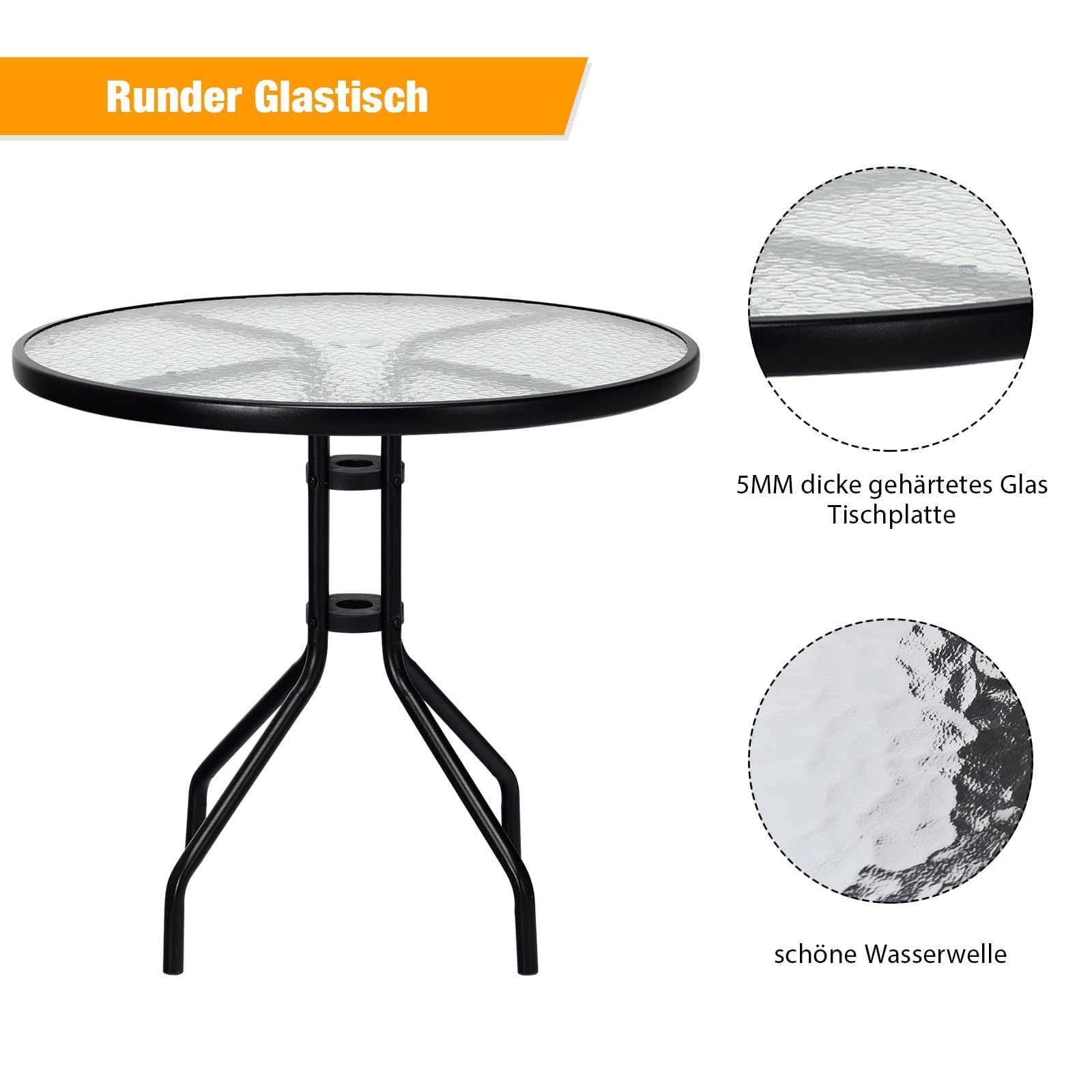 GOPLUS Stolik pomocniczy, okrągły, Ø 70 cm, stół ogrodowy metalowy ze szklanym blatem i otworem na parasol 43 mm, stół balkonowy, mały, odporny na warunki atmosferyczne, stolik bistro, stolik kawowy,