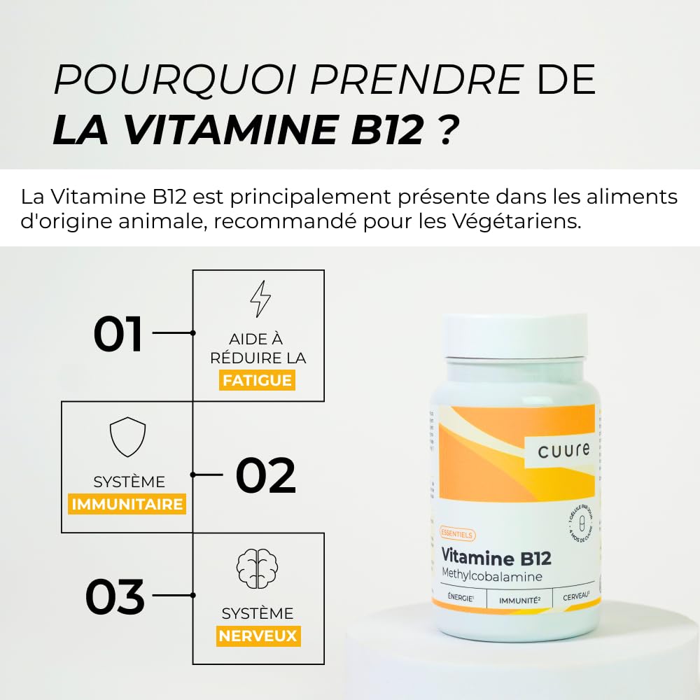 Vitamine B12 Vegan 1000 µg - CUURE - 120 Jours - Forme Méthylcobalamine Hautement Assimilable - Immunité, Anti-Fatigue & Système Nerveux - Fabriqué en France