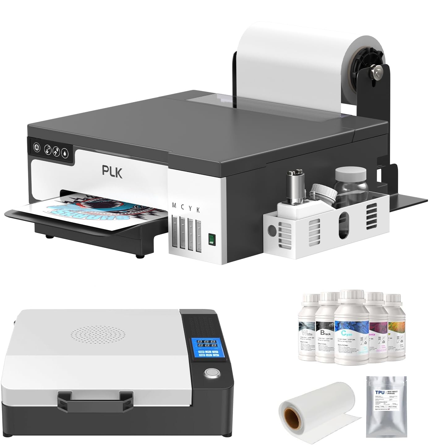 PLK Impresora DTF A4 con cabezal de impresión XP600 y alimentador de rollo, máquina de impresión de transferencia DTF L8058 con sistema de agitación blanco