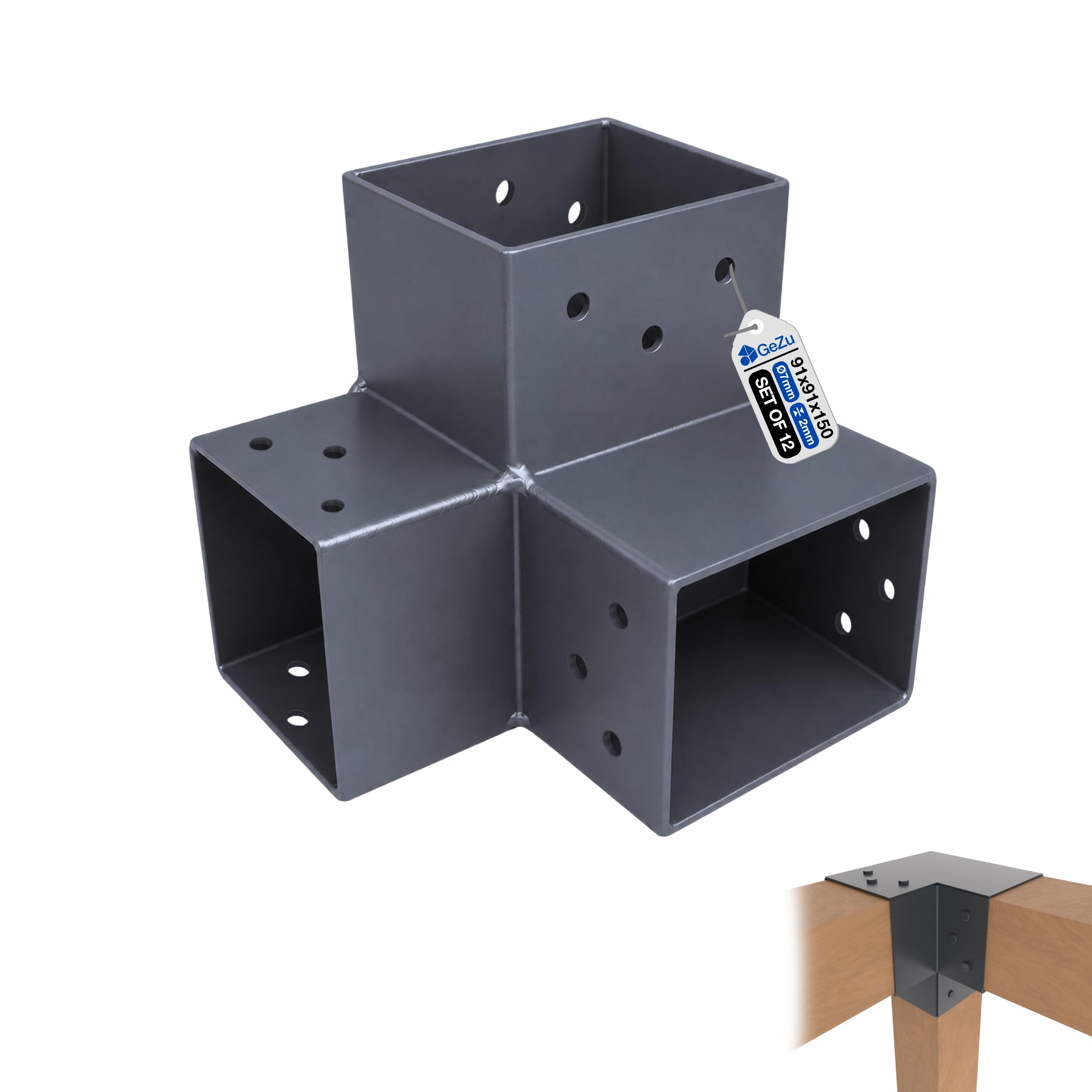 GeZu Impex Post Connector Y 91 x 91 mm Set of 12 Anthracite Powder Coated 3 Way Right Angle Corner Connector Pavilion DIY Woodworks Bracket