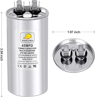 HVAC YELLOW HAT Capacitor for Air Conditioner 45 uf MFD 370 or 440 Volt VAC, Multi-Purpose Round Capacitor, 5 Year Warranty