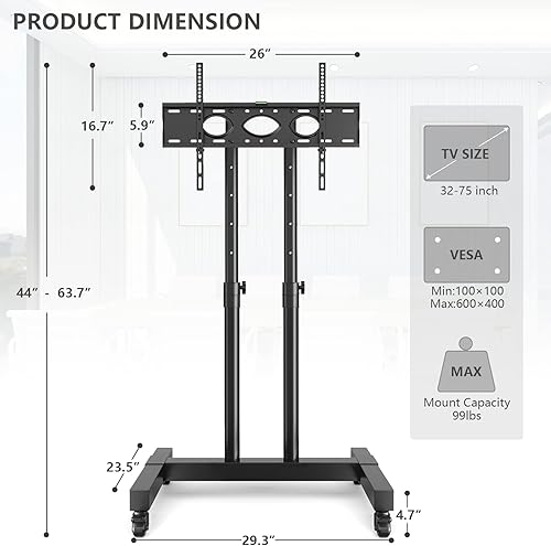 Miniatura 6 de Mobile TV Stand with Wheels for 32-75 Inch Plasma LCD LED OLED Flat Curved Screen TVs, Height Adjustable Trolley Floor Stand Holds up to 99 lbs,
