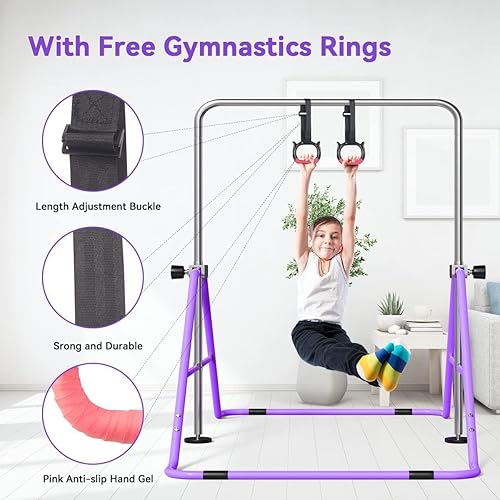 Miniatura 13 de FBSPORT Barra de gimnasia para niños con anillos, barras horizontales de gimnasia de altura ajustable, barra de entrenamiento junior, barras Verde