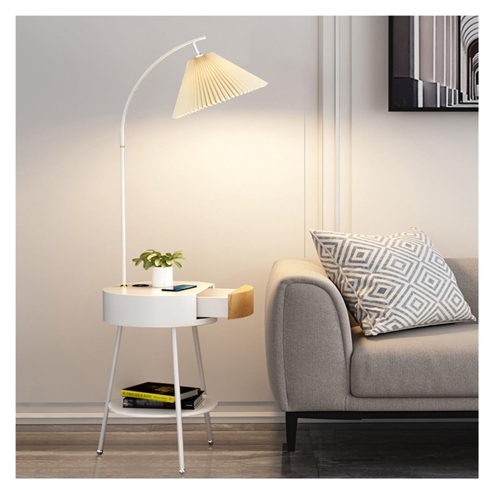 Yhxflux White Lighting Floor Lamp With Table, Foor With Drawer For Bedroom(White)