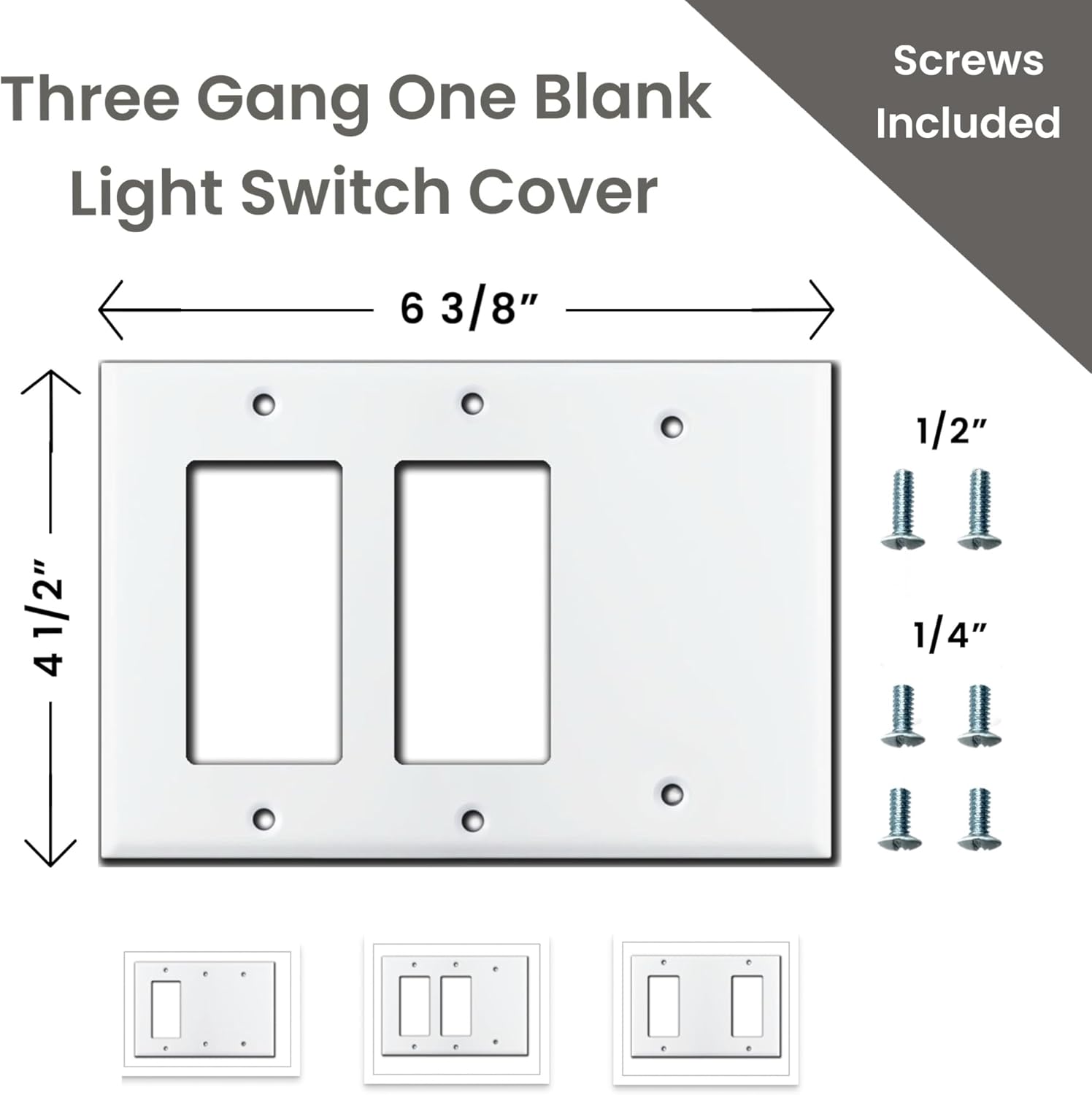 Corla Metal 3-Gang Light Switch Plate White | Conceal & Cover Un-used Switches for Triple Gang Rocker/GFCI Outlet Receptacle (One Blank)