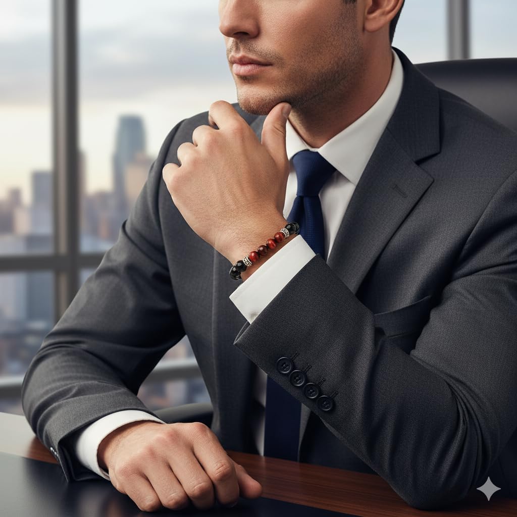 Kartini Studio Natural Stone Bracelet, Gift Idea for Man, Bead Bracelet for Men, Red Tiger's Eye and Black Obsidian Jewelry for Man - Image 6