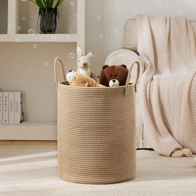 Image of Storage Cotton Rope Basket and Laundry Hamper for Dirty Clothes, Towels, Blankets, Pillows Storage in Living Room, Laundry Room and Bedroom (Beige, 14x16 Inch)