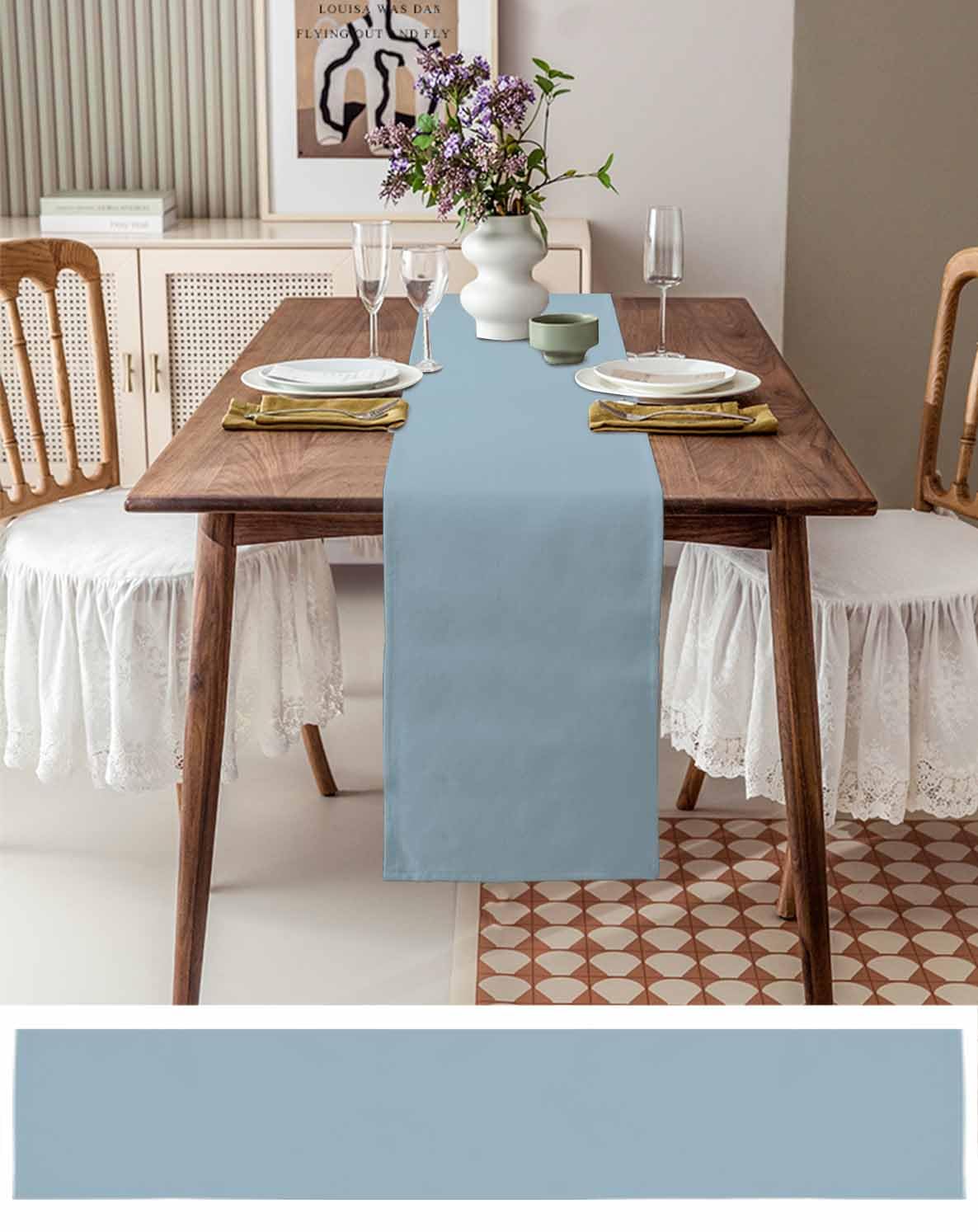 blue formal prom dresses Polyester Table Runner 12"x108" White with Blue French Toile Floral Print